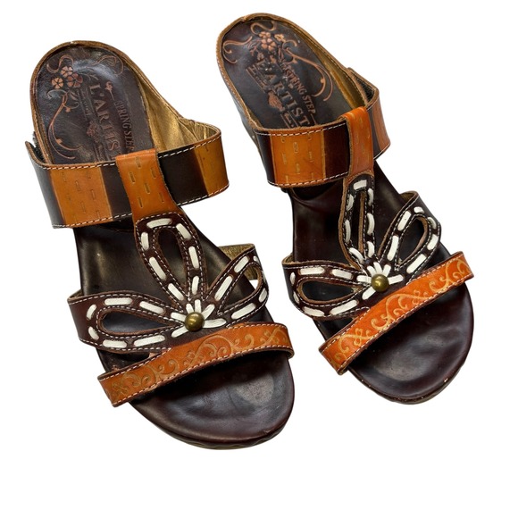 L'Artiste Women's Spring Step Leather Wedge Sandals Floral Accent Slides‎ 38 - Picture 1 of 11